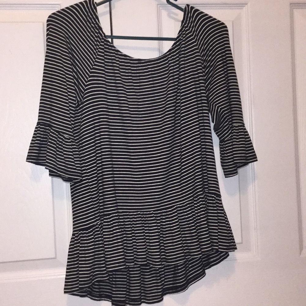 women’s ruffled black and white striped blouse